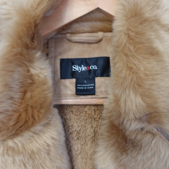 Vtg Penny Lane Faux Suede Shearling Jacket Womens L Tan Honey Toggle Deadstock - Picture 3 of 11